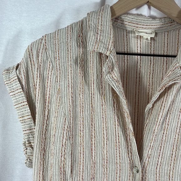Hem & Thread Linen Blend Tan Stripe Button Up Romper Womens Size M - Picture 3 of 11